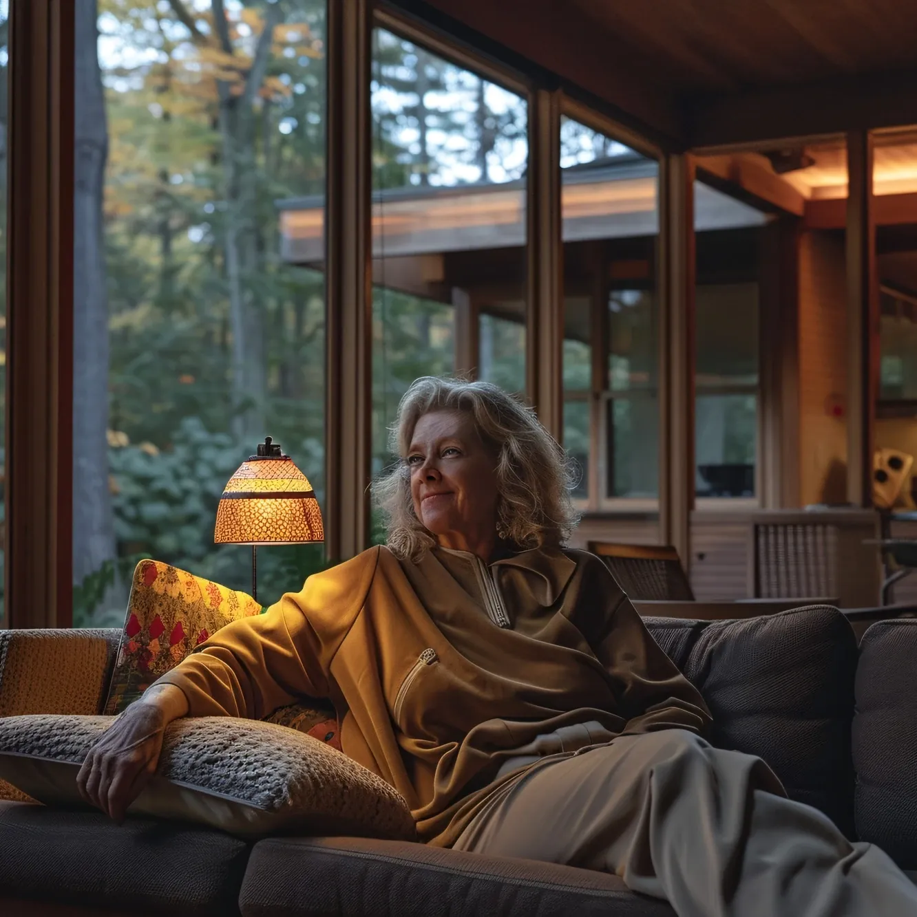 An older woman with wavy gray hair sits on a cozy sofa in a warmly lit, modern living room with large windows, looking relaxed and content as evening light filters through the trees outside.