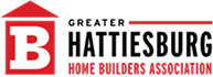 Logo for the Greater Hattiesburg Home Builders Association, featuring a bold red letter "B" inside a red house silhouette, with the organization name in black and red text to the right.