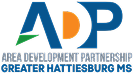 Logo for the Area Development Partnership, Greater Hattiesburg, MS. The letters "ADP" are stylized in blue, with a green triangular accent and an orange semicircle within the letter "D.
