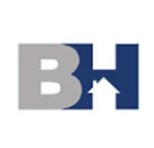 Logo with the letters "B" in gray and "H" in blue. A white upward-pointing arrow is formed between the two letters. The background is white.
