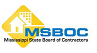 MSBOC logo with a yellow diamond background featuring a white house and a building. Below, "MSBOC" is in blue letters, and "Mississippi State Board of Contractors" is written underneath.