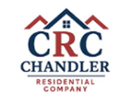 Logo for CRC Chandler Residential Company. The letters "CRC" are large and blue, with two red roof designs and a house icon above them. "CHANDLER" is written in blue below, with "RESIDENTIAL COMPANY" in red underneath.