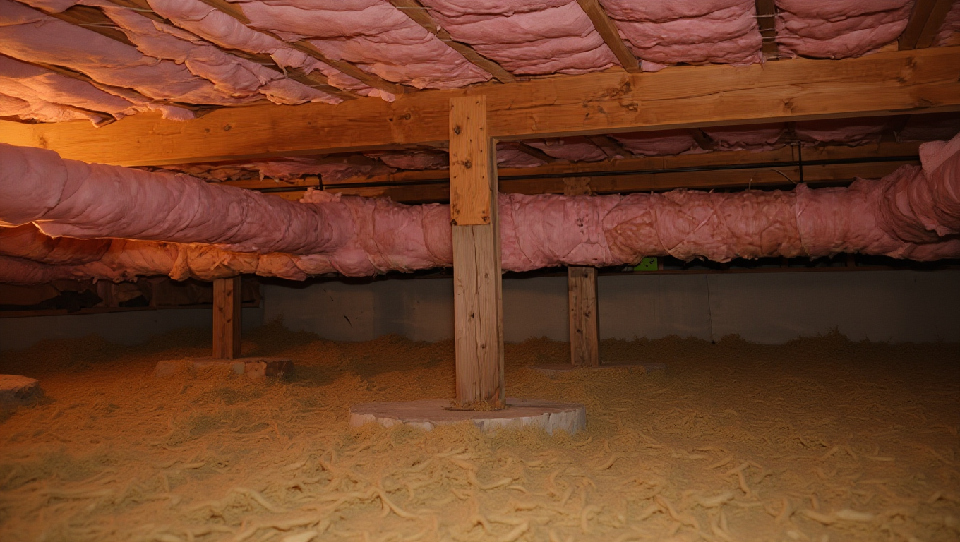 Crawl space with exposed wooden beams, pink insulation on the ceiling and around ductwork, and loose yellow insulation covering the floor. The area is dimly lit with visible support posts.