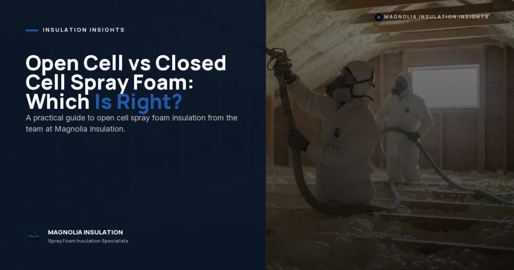 Two workers in protective suits and masks spray foam insulation onto the interior walls of an unfinished attic, promoting a guide on choosing open cell vs closed cell spray foam. Text and logo from Magnolia Insulation are visible on the left.