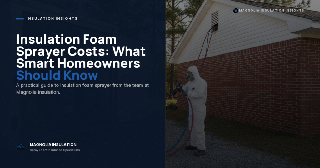 Person in protective gear spraying insulation foam on the exterior wall of a brick house; overlay text reads "Insulation Foam Sprayer Costs: What Smart Homeowners Should Know" by Magnolia Insulation.