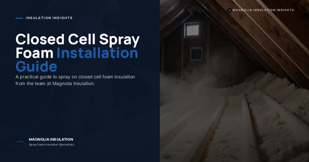 An attic with wooden beams and white spray foam insulation on the floor, next to text about a guide to closed cell spray foam installation by Magnolia Insulation.