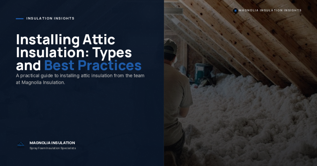 A person installs attic insulation, surrounded by fluffy white insulation material under wooden beams. Text reads: "Installing Attic Insulation: Types and Best Practices" by Magnolia Insulation.